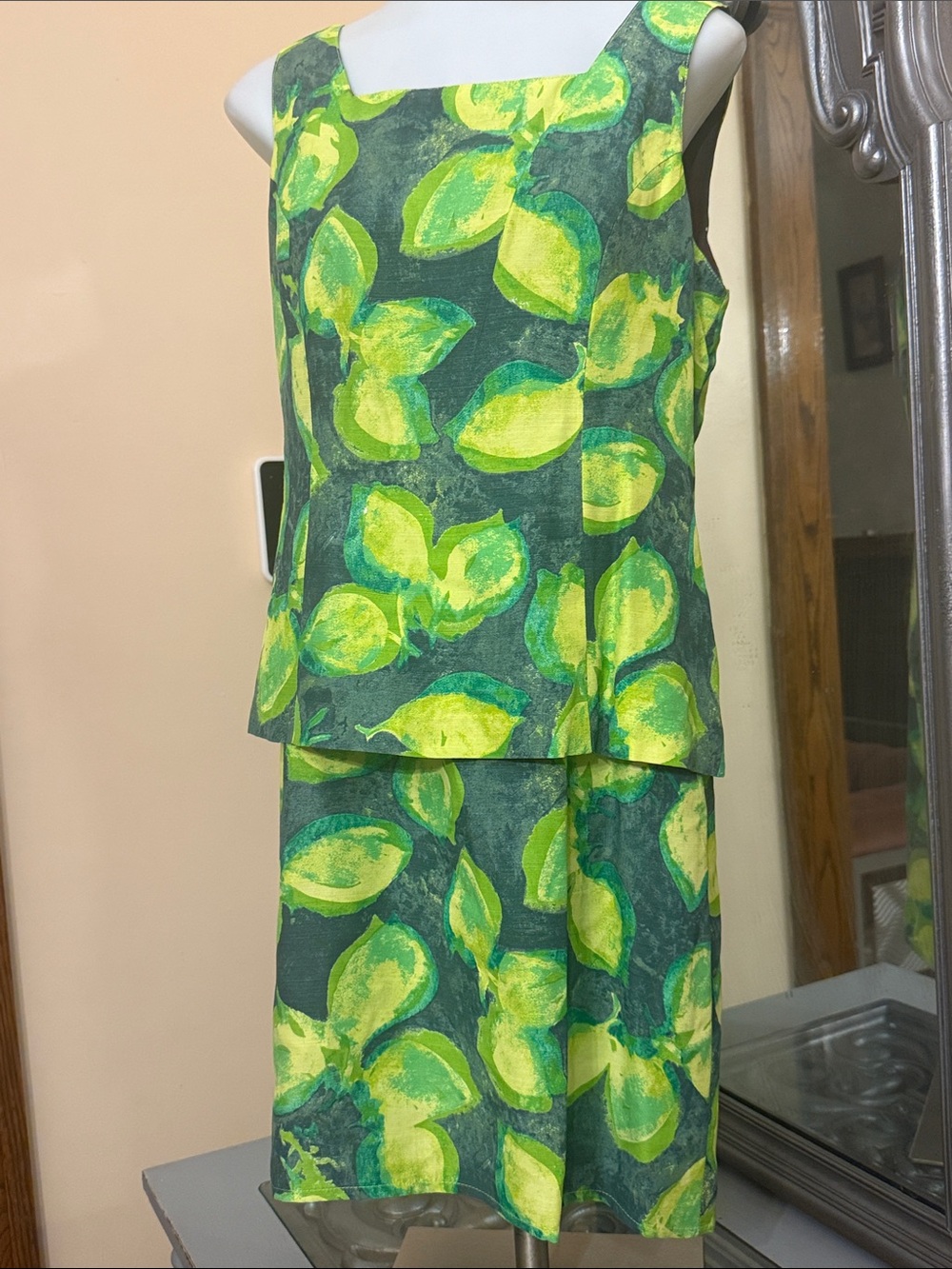 Vintage Carole Little Petite Dresses 10 Linen Blend Green Lime Leaf Print Dress